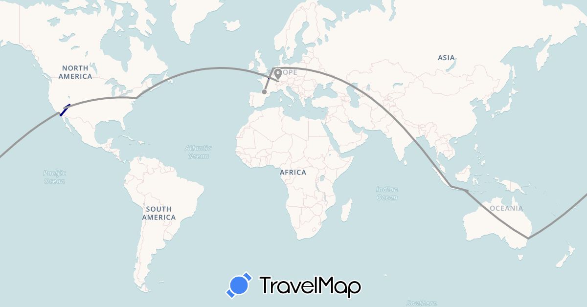 TravelMap itinerary: driving, plane in Australia, France, Indonesia, Netherlands, United States (Asia, Europe, North America, Oceania)